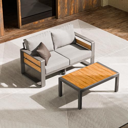 Image of ZANDOR Aluminum Outdoor Patio Furniture-Loveseat with Table,Dark Gray | Rustproof,High weight capacity,Water-repellent,Washable Cover,All-Weather Resistant,Easy clean,for Poolside Backyard Deck