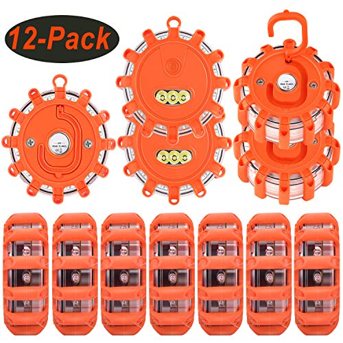 Vancle LED Road Flares Flashing Warning Light Roadside Flare Emergency Disc Beacon Kit, Magnetic Base with Hook for Car or Boat (Batteries Not Included) (set of 12)