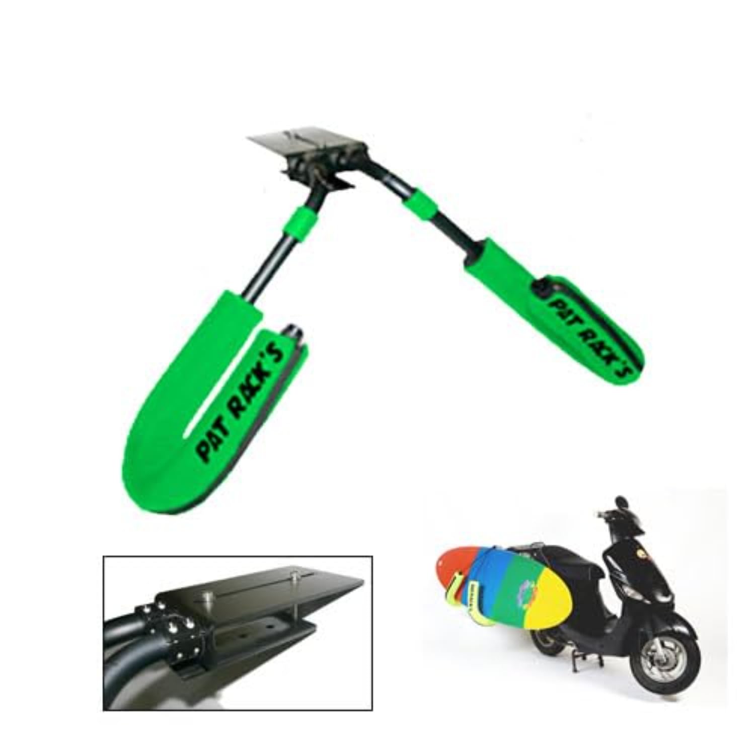 ‍ PAT RACKS Porte-Surf Deluxe Moto/Scooter – Support 2 Bras Rembourrés – Fixation Selle – Shortboard & Bodyboard