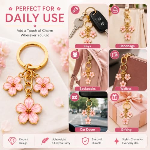 Image of JB'S LAND Floral Charm Keychain Vintage Flower Metal Key Ring for Women | Bag Charm Pendant, Backpack & Car Key Holder, Aesthetic Design, Friendship Gift, For Women & Girls