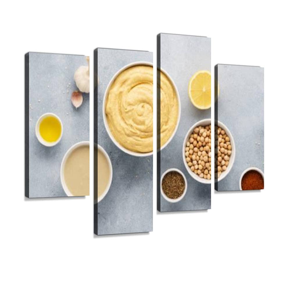 Canvas Print Artwork Hummus ingredients Chickpea tahini olive oil sesame herbs Wall Art Pictures Framed Digital Print Abstract Painting Room Home Office Decor Ready to Hang - 4 Panel