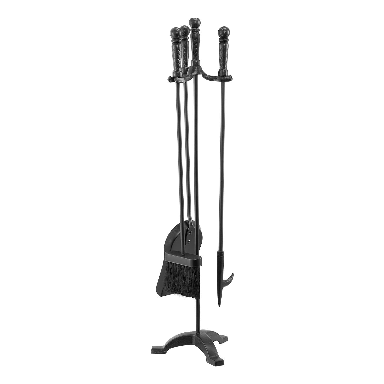 VEVOR Kaminbesteck-Set, 4-teiliges Ofenbesteck-Set, inkl. dreizackiges Ständers, Ascheschaufel, Bürste, Schürhakens, Kaminzubehör aus Schmiedeeisen für Lagerfeuer drinnen/draußen, Schwarz