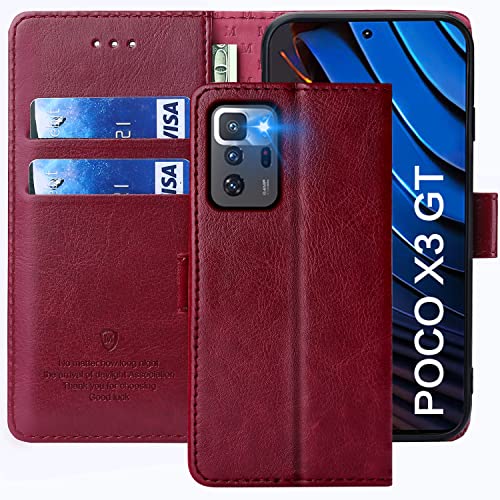 FMPCUON Funda para Xiaomi Poco X3 GT,Funda Libro Xiaomi Poco X3 GT Funda con Tapa,Cuero Carcasa Magnético Funda Cartera Móvil para Xiaomi Poco X3 GT, Rojo