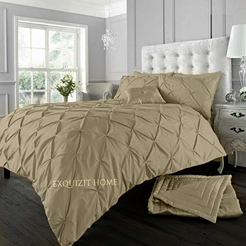 EXQUIZIT HOME Duvet Quilt Cover Pin Tuck Pinch Pleat Alexander Alford Reversible Diamond Bedding Set With Matching Pillowcase Latte King 230cm x 220cm Approximate