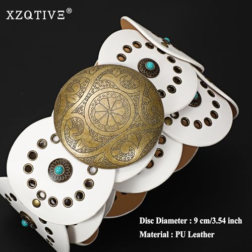 Image of XZQTIVE Western PU Leather Belts for Woman Concho Cowgirl Cowboy Disc Belt for Ladies Wide Boho Country Waist Belts for Dress
