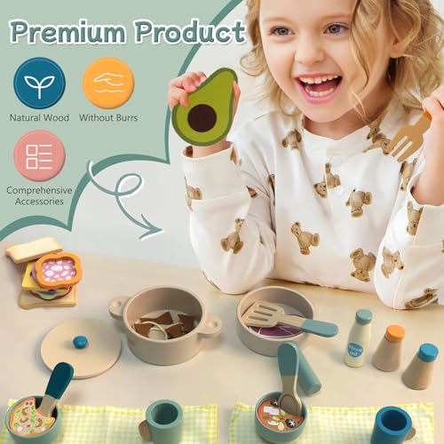 Wooden Kids Play Kitchen Accessories, Wooden Pots and Pans for Play Kitchen, Pretend Play Toys, Wooden Play Food Set, Kitchen Playset Accessories for Boys and Girls 3 4 5 6 - Image 3