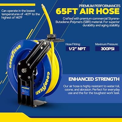 Goodyear Air Hose Reel Retractable 1/2 Inch x 65' Foot SBR Rubber Hose Max 300PSI Heavy Duty Industrial Steel Single Arm Construction