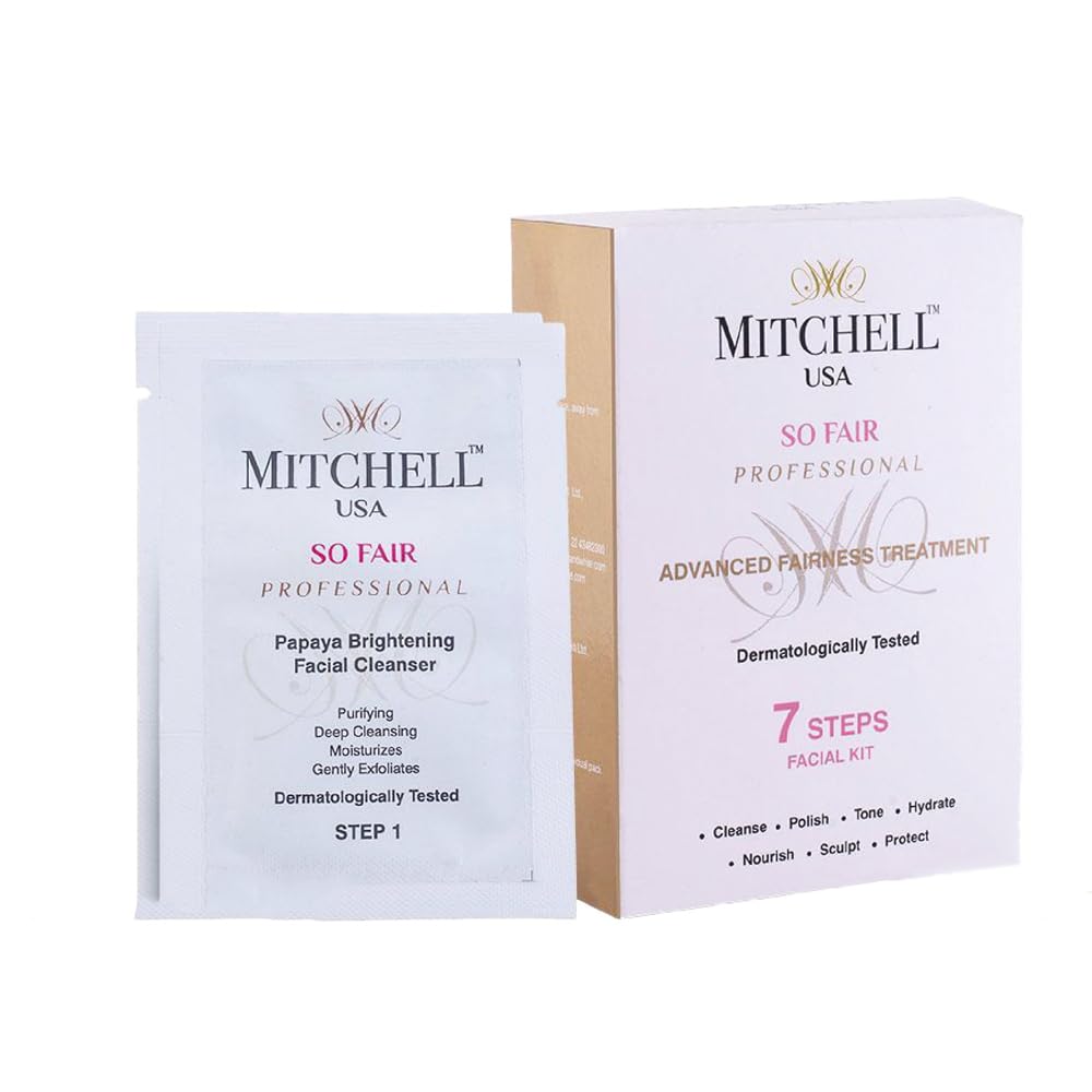 Mitchell USA So Fair Professional 7-Step Facial Kit for Glowing & Even-Toned Skin | Papaya Brightening Facial Cleanser & Herbal Skincare | Dermatologically Tested Salon Facial Kit | Pack Of 6