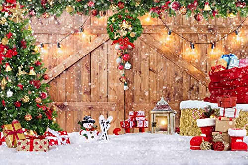 SJOLOON Rustic Christmas Barn Wood Door Backdrop for Photography Xmas Tree Snow Gift Wall Floor Party Photo Background Winter Holiday Family Supplies Banner Studio Props 12391 (15x10FT)