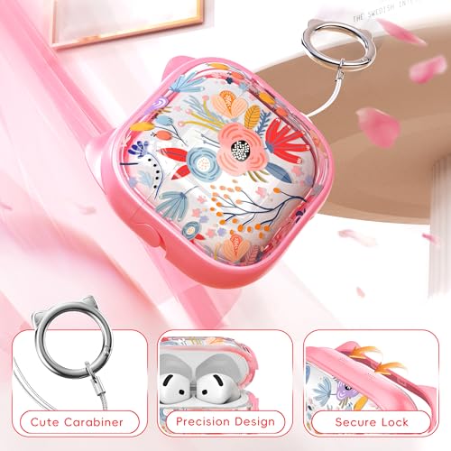 Image of for AirPods 4 Case with Cleaning Kit, Cute Cat Ear Print Design & Cute Buckle, Inverted Phone Holder Design, Top Safe Lock Buckle Design, for Girls AirPods 4 case 2024,Clear Flowers