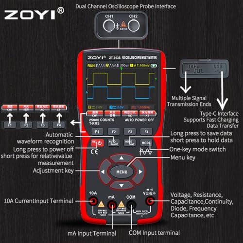 Zoyi 703 3 In 1 Handheld Oscilloscope Automotive Dual Channel 50Mhz thumb #3