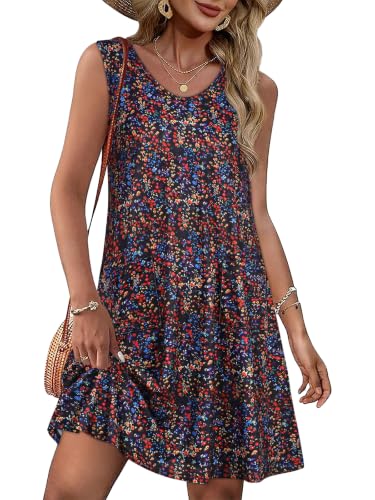 Image of Womens Summer Dresses Casual V Neck Sleeveless Pockets Beach Loose Sundress | 2026 Loose Tank Sun dres with pockets, Casual Beach Cover Up, Fashion Vacation Outfits, Tshirt Floral Boho A-Line Flow Dress