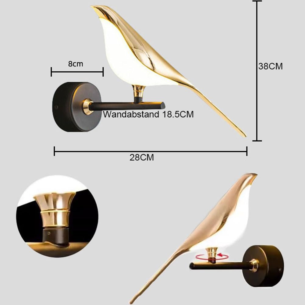 LED Wandlampe Innen Vogel Drehbar Tiere Bird Wandleuchten Bettlampe Gold 10W 3000K/4500K/6000K Metall Acryl Wandbeleuchtung Modern Deko für Schlafzimmer Wohnzimmer Kinderzimmer Esszimmer