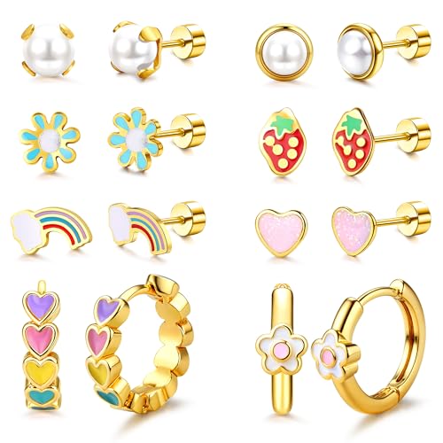 Florideco Hypoallergenic Earrings for Women 316 Surgical Steel Earrings for Sensitive Ears Cute Small Daisy Hoop Earring Heart Flower Strawberry Rainbow Flat Back Earring Sets