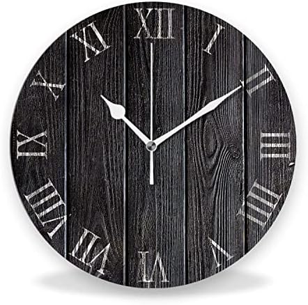 ACOZUHSE Silent Non Ticking Rustic Wall Clock, Wooden Black Clock Roman Numerals Clocks, Battery Operated 9.8"x9.8" Round Wall Clock for Kitchen, Living Room, Bedroom, Office