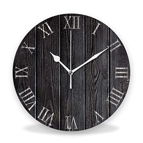 Acozuhse Silent Non Ticking Rustic Wall Clock, Wooden Black Clock Roman Numerals Clocks, Battery Operated 9.8"X9.8" Round Wall Clock For Kitchen, Living Room, Bedroom, Office #TOP3