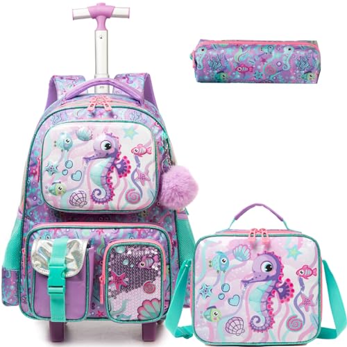 Egchescebo Mochila Escolar Infantil com Rodinhas para Meninas e Crianças Rodas Bolsa Mala Carrinho 17” 3PCS Lancheira Juvenil Estojo Costas Divertidamente Multifuncionais Viagem Cavalo-marinho Roxo