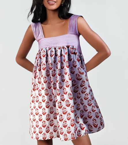 Image of Women Floral Tie Shoulder Mini Dress Cute Square Neck Loose Fit Beach Short Dress Backless Boho Vocation Sundress