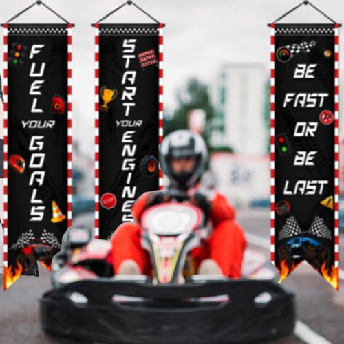 Image of Chiisong 3 Pcs Race Car Party Banners Racing Fans Birthday Decor Monster Truck Hanging Porch Sign Truck Fuel Can Checkered Flag for Car Theme Birthday Party Supplies Inspirational Classroom Decoration