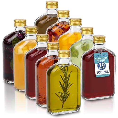 HEFTMAN Bottiglie di vetro piccole, 100 ml, vuote, con coperchio dorato, ermetiche, riutilizzabili, con coperchio, perfette per gin, vino, aceto, bevande fatte in casa, salse, decorazioni, confezione
