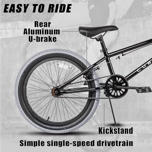 cubsala Freestyle BMX Bike, 20 Inch Kids Bicycle for 7-13 Years Old Kids and Beginner Level Rider, Black with Grey Tires - Thumbnail 3