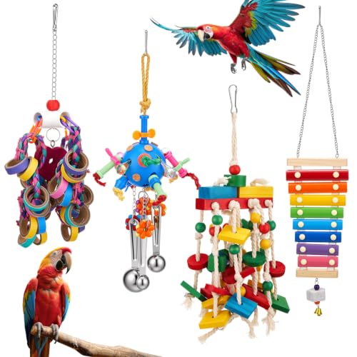 Image of Seenelling 4 Pcs Extra Large Bird Toys for Parrots, Ring and Ball | Multicolored Natural Wooden Blocks & Beads Bells, Bird Cage Chewing Toys for Large Medium Macaws African Grey Cockatoos