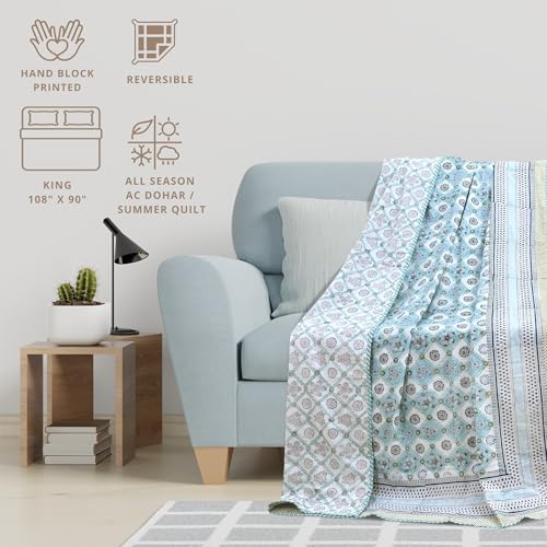 Image of TOAIArt Premium Jaipuri Dohar | AC Blanket Summer Quilt | Hand Block Printed | 3 Layers | Reversible | 150GSM 100% Mulmul Cotton | 100% Cotton Flannel Filling | King 108 inch X 90 inch |Small Blue Jaal