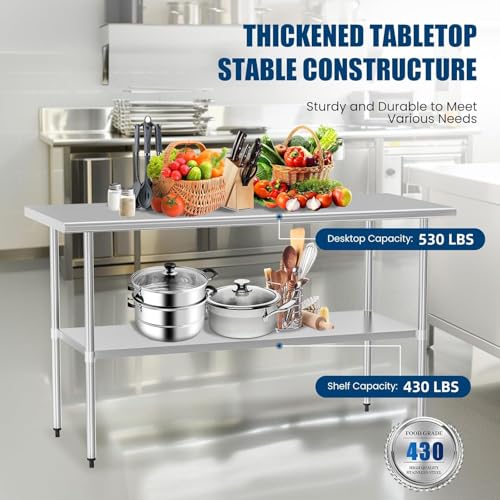 Stainless-Steel-Table-30-x-60-Inches-Metal-Prep-Table-with-Adjustable-Undershelf-for-Commercial-Kitchen-Outdoor-Use Stainless Steel Table 30 x 60 Inches Metal Prep Table with Adjustable Undershelf for Commercial Kitchen Outdoor Use