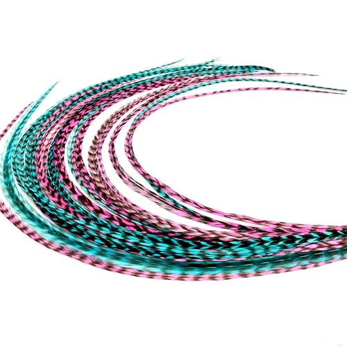 21 Hot Pink & Turquoise Grizzly Feather Hair Extensions