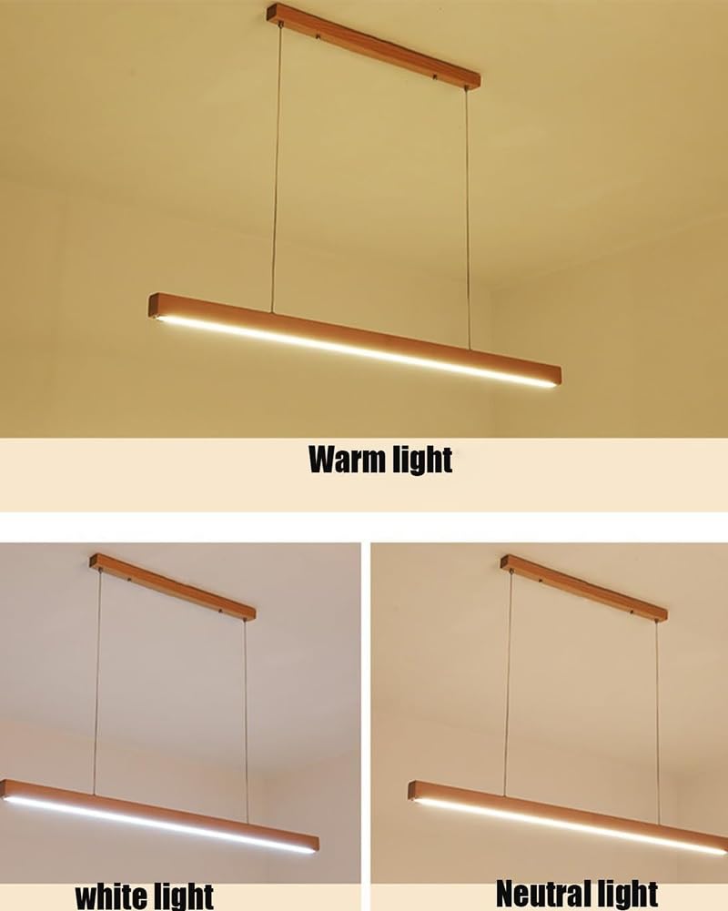 Lámpara Colgante LED de Madera, Lámpara de Techo Lineal Moderna Regulable Iluminación colgante con Control Remoto, Luz Ajustable 3000K-6000K, Altura Regulable, para Comedor, Cocina(Holz,150cm)