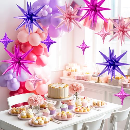 18 Pcs Purple Pink Star Balloons, Pink Purple Balloon with 6 Pcs 22-Inch Explosion Star Balloons, 12 Pcs 10-Inch Four Pointed Stars Foil Balloon for Girls Bridal Shower Birthday Wedding Party Decor by FunHot - Used condition - Image 6