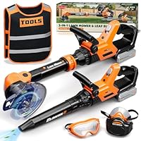 KidBoom Kids Tool Set with Vest, 2-IN-1 Kids lawnmower & Toy Leaf Blower with Sound, Toy Strimmer with Light, Toys for 3 4 Year Old Boys Gifts
