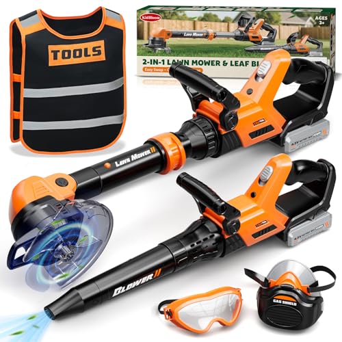 KidBloom 2 in 1 Herramientas Juguete con Chaleco de Herramientas, Cortacesped Electrico & Soplador de Hojas con Sonido, Juguete Niño 3 4 5 Años