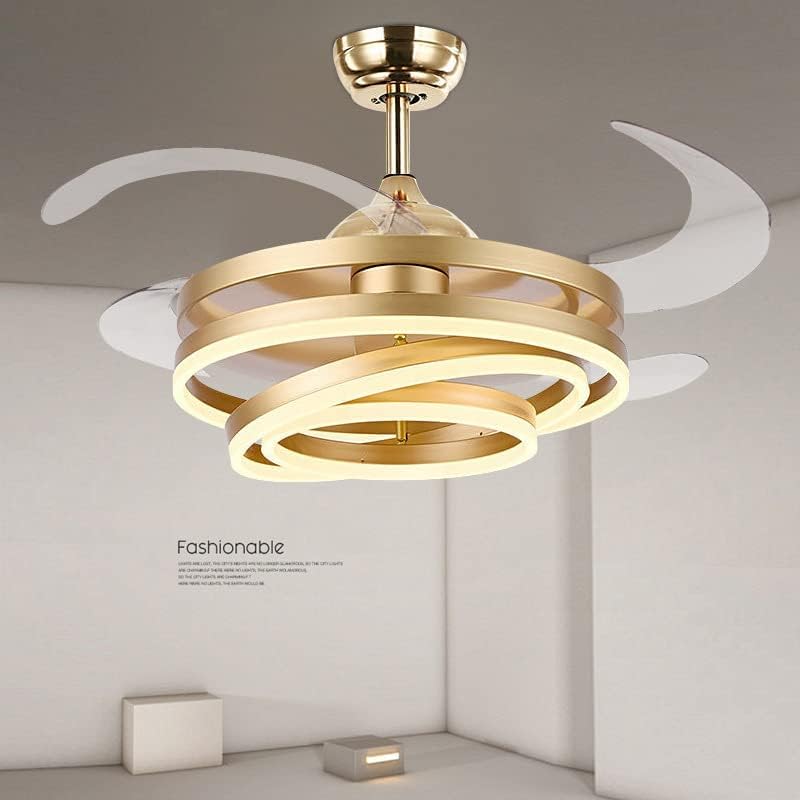Image of HDC Invisible Golden Rings Ceiling Fan Chandelier with Remote Control | Modern Retractable ABS Blade LED Tricolor Light for Living Room Bedroom Dining Room