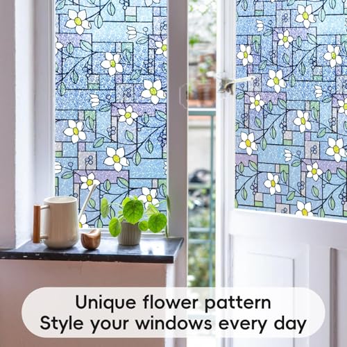 Image of WOO Home Frosted Glass Window Film & Stickers (24 X 72 Inchs) Privacy Window Cover for Home & Office - Easy Apply, UV Protection, Removable Decorative Film (Blue Patti Flower 2 X 6 SQFT)