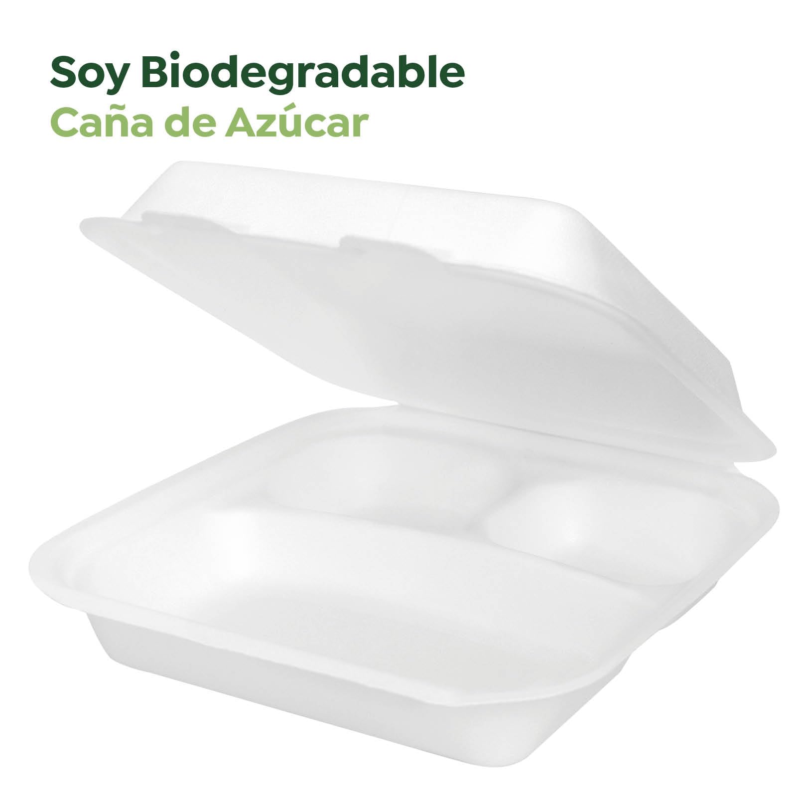 MAXI PRODUCTS - Envase Caña de Azúcar Comida para Llevar - Envase Hamburguesa y Portamenús - Táper con Compartimentos para Comida - APTO PARA MICROONDAS (23 x 23 x 6 cm, 50 unidades)