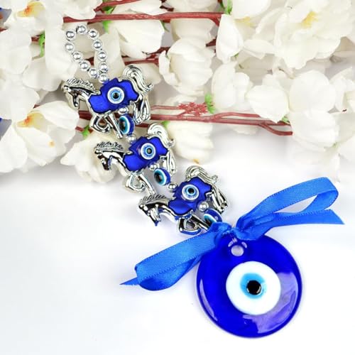 Image of BLUE BEADS Turkish Feng Shui Vastu Blue Glass Evil Eye Hanging /Door Hanging Nazar Batu for Protection and Good Luck - Perfect for Gifting Home or Office (Horse)
