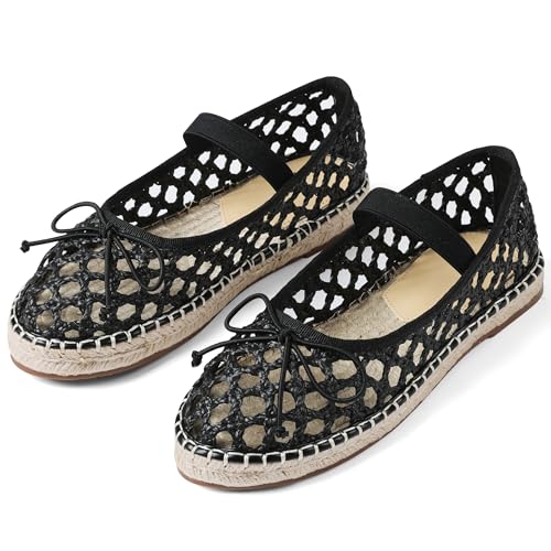 AMINUGAL Woven Ballet Flats Shoes for Women Round Toe Straw Platform Mary Janes Elastic Espadrilles Braided Crochet Rattan Raffia Black Mesh Dressy Comfortable Ballerina Size 5.5