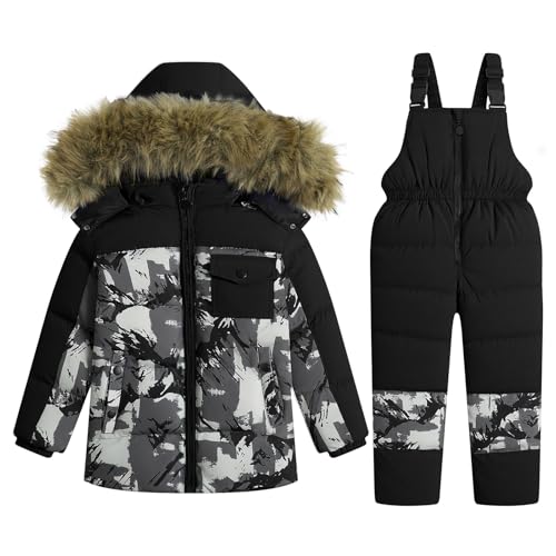 JiAmy Kids 2 Piece Snowsuit Set Girl Winter Hooded Puffer Jacket & Snow Bib Pants Boy Ski Suits Ultralight Outfit