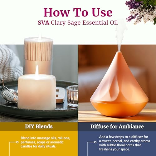 Image of SVA Clary Sage Essential Oil Organic - 1 /3 Fl Oz - 100% Natural Organic Clary Sage Oil - for Diffuser, Hair Care, Face, Skin Care, Aromatherapy, Scalp and Body Massage, Soap and Candle Making
