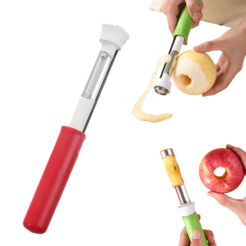 Apple 2-in-1 Corer Remover, Stainless Steel Fruit Corer Tool for Vegetables, Tomatoes, Pears (Red)