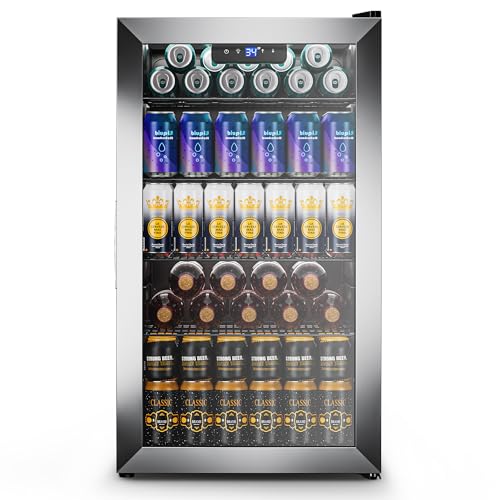 Image of Tehanld 130 Can Beverage Refrigerator, 3.1 Cu.ft Mini Fridge with Glass Door for Drink, Beer, LED Light, 34-64℉, Adjustable Removable Shelves, Beverage Fridge for Bedroom, Office, Bar-Silver