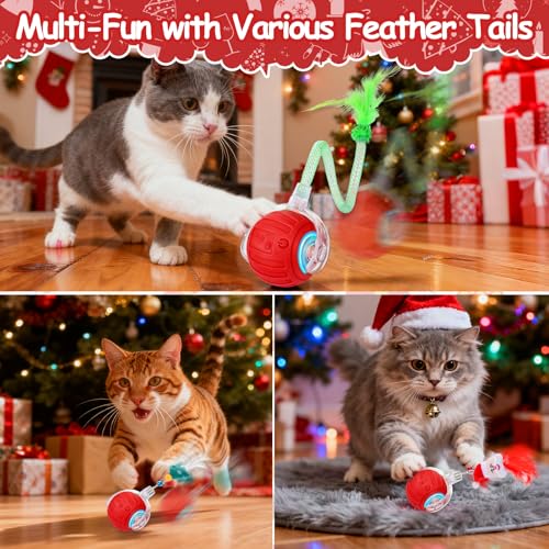 Image of Interactive Cat Toy Ball - Christmas Cat Toys for Indoor Cats with Feather Tails for Chasing, Moving Stimulation Smart Cat Toy for Enrichment, Motion Activated Automatic Rolling Toys to Keep Them Busy
