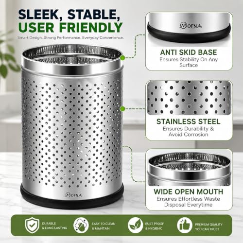 Image of mofna Stainless Steel Perforated Silver Dustbin for Home, Trash Can with Anti-skid Base, Garbage Bin for Bathroom, Office, Kitchen Commercial Use- (8x12 In -10 Liter, Pack of 2)