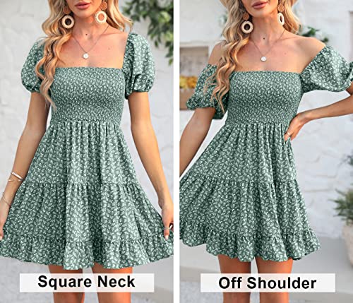 Image of Veatzaer Women's Puff Sleeve Square Neck Smocked Babydoll Dress Boho Floral Print Off Shoulder Ruffle Mini Short Dress