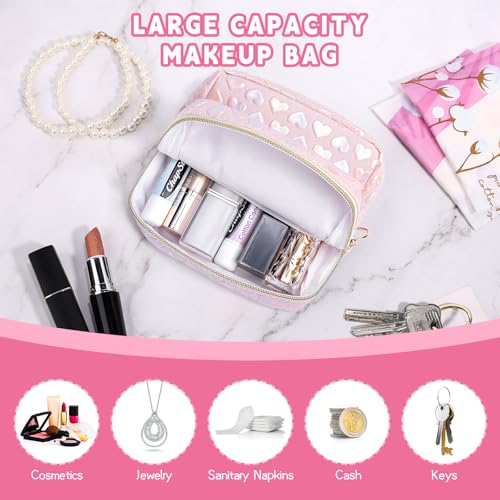 5.1" Mini Makeup Bag for Purse, Leather Small Makeup Pouch Travel Cosmetic Make up Bags for Women Girls, Cute Preppy Mini Toiletry Bag Coin Pouch Period Bag(3D Love Pink)3