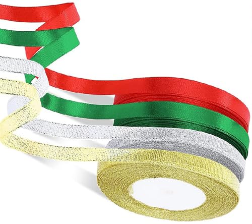 4 Rolls 25 Yard Christmas Satin Ribbon - 0.4 Inch Red Green Christmas Festival DIY Craft Decor Ribbons for Gift Wrapping-Decoration