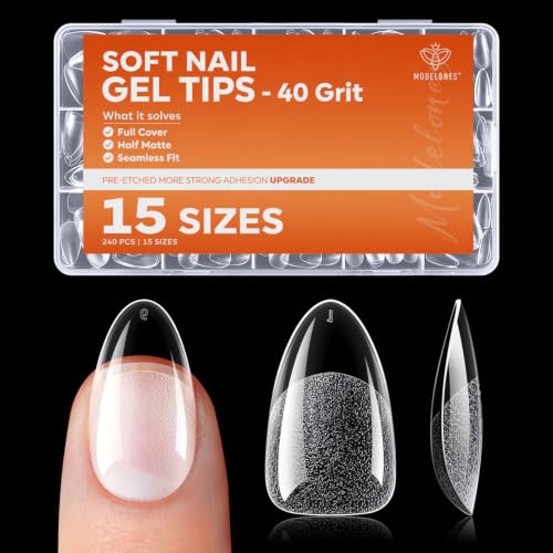 Image of Modelones Almond Nail Tips, 15 Sizes 40 Grit Pre-Etched Half Matte Clear Short Almond Fake Soft Ge Nails Tips Full Cover Acrylic Gel Kit Press On Nails for Extension Manicure DIY Salon 240Pcs