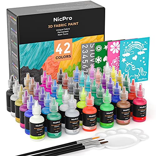 Nicpro 3D Fabric Paint Set, 42 Colors Cloth Paints Kit for Kid & Adult Permanent Textile Paint Including Neon & Glitter& Metallic Glue Colors for Craft, T-Shirt, Glass and Wood