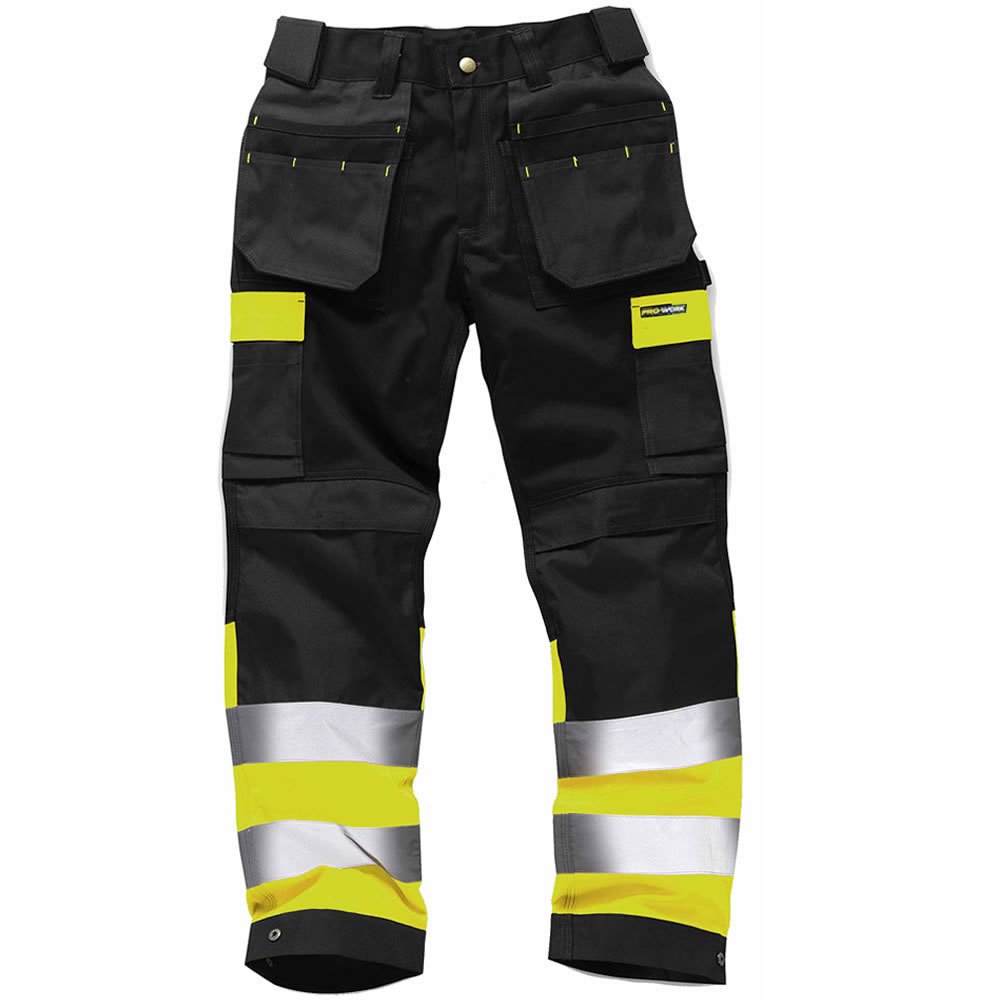 Hi Viz - Pantalones de Trabajo Resistentes, con Bolsillos para Rodilleras, Incluye Calcetines de Trabajo Gratis Negro/Amarillo 32 Cintura/Pierna Regular